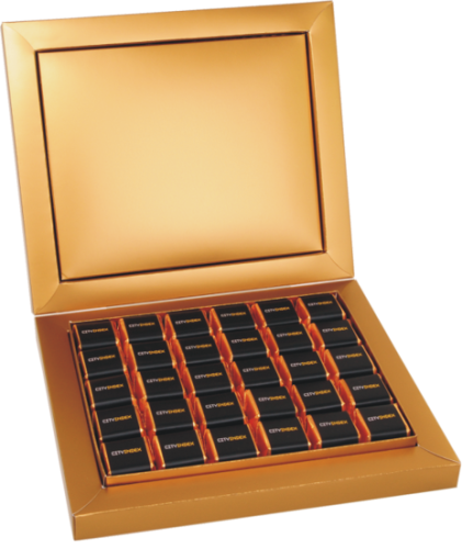 Bombonierka premium 03, 30 czekoladek, różne smaki, cena dla min. 25 szt., nadruk 2 kolory na czekoladkach, 258 x 220 x 44 mm, zdobienia pudełka na zapytanie
