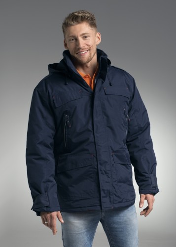 Kurtka jesienno - zimowa, poliamid, pokrycie PCV, 6 kieszeni zewn., kaptur odpinany, chowany w stójce, elementy odblaskowe, klejone szwy
