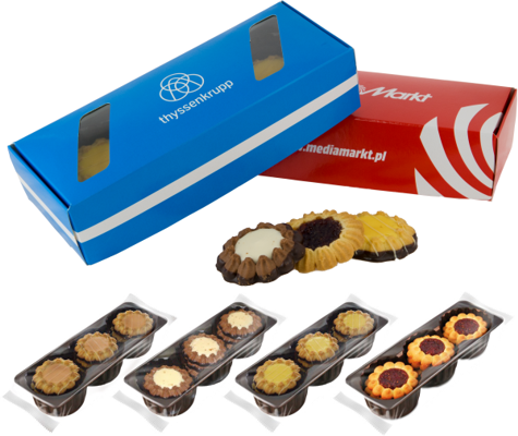 Ciastka reklamowe kruche w kartoniku, toffi, wanilia, advocat, wiśnia, cena dla min. 100 szt., nadruk 2 kolory, 184 x 75 x 45 mm, 130g, min. 9 ciastek w kartoniku
