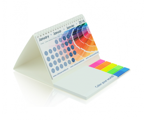 Kalendarz biurkowy z notesem i znacznikami, zamknięta okładka 150 x 175 mm, 12 kart kalendarza, 50 notesu samoprzylepnego, po 20 znaczniki, cena na zapytanie, okładka foliowana, dowolny nadruk na okładce i notesie