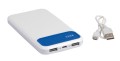 Powerbank, plastik, silikon, 145 x 73 x 15 mm, 10000 mAh, 2 złącza USB, wejście 5V/1A, wyjście 5V/1a, 5V/2,1A, kabel USB, micro-USB
