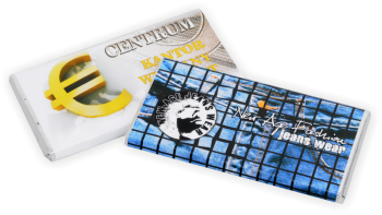 Czekolada reklamowa średnia 50g, mleczna, cena dla min. 200 szt. nadruk 2 kolory, 170 x 120 mm, 20 szt./kg
