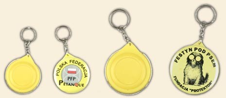 Brelok - znaczek, średnica 45 mm, dowolny nadruk, cena dla 100 szt., opcja droższa dla śr. 58 mm
