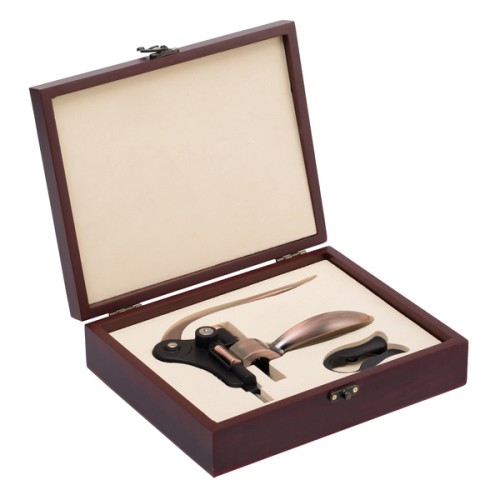 Zestaw do wina, korkociąg, obcinacz do folii, drewniana skrzynka 240 x 195 x 66 mm
