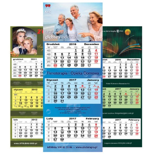 Kalendarz trójdzielny główką wypukłą standard, 315 x 790 mm, główka 315 x 205, całość druk 4+0, cena dla 1000 szt. (min. 50 szt. - 13,28).