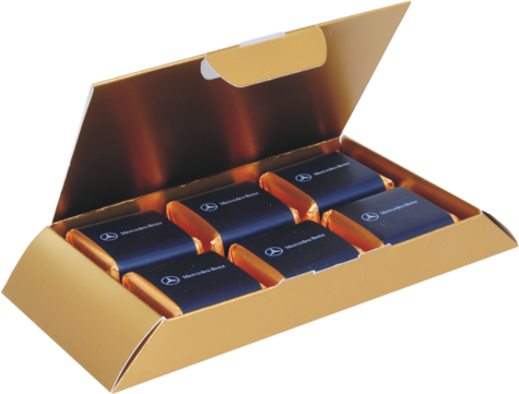 Bombonierka, 6 czekoladek, różne smaki, Cena dla 50 szt., nadruk na czekoladkach 2 kolory, 143 x 70 x 17 mm, zdobienie pudełka na zapytanie
