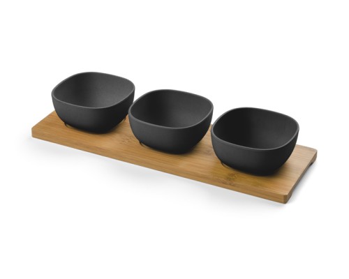 Zestaw miseczek z włókna bambusowego, podstawka bambusowa 330 x 111 x 12 mm, miseczka 93 x 93 x 44 mm