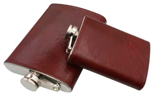 Piersiówka 240 ml z okleiną - skóra premium, min. zam. od 10 szt. 14,7 x 9,5 cm, pudełko upominkowe