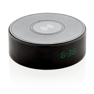 Ładowarka indukcyjna 5W/głośnik/budzik, śr. 149 c 55 mm, 2 x 3W, bateria 2000 mAh, radio FM, wejście 5V/1A, wyjście 5V/1A
