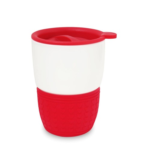Kubek ceramiczny z uchwytem i pokrywką, porcelana New Bone China, silikon, 300 ml, 85/55 x 115 mm, cena na zapytanie
