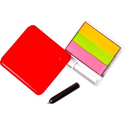 Zestaw do notatek, ABS, plastik, 55 x 55 x 15 mm, 3 rodzaje samoprzylepnych karteczek, długopis, lusterko
