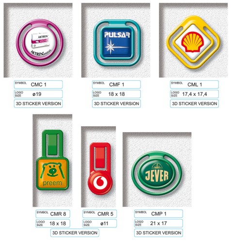 Spinacze  - 1,00). 6 kształtów.z wklejką żywiczną, duża ilość kolorów, cena dla min. 1000 szt. dla 2 kolorów druku (druk w pełnym kolorze od 3000 szt.
