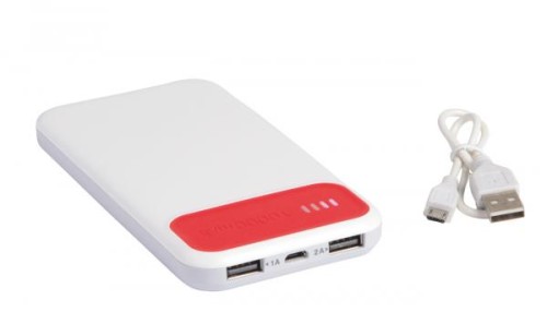 Powerbank, plastik, silikon, 145 x 73 x 15 mm, 10000 mAh, 2 złącza USB, wejście 5V/1A, wyjście 5V/1a, 5V/2,1A, kabel USB, micro-USB

