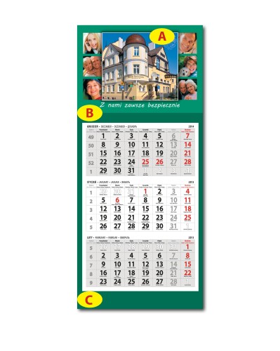 Kalendarz trójdzielny ekonomiczny, 320 x 730 mm, kalendaria 12 szt. 290 x 462 mm, główka płaska. Cena dla 1000 szt. (dla 50 szt. - 9,43)