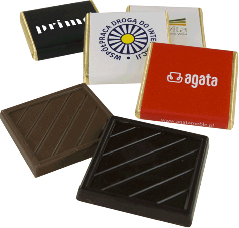 Czekoladki reklamowe belgijskie, mleczne lub gorzkie, cena dla min. 1000 szt., 34 x 34 x 4 mm, ok. 185 szt./kg, możliwe różne opakowania
