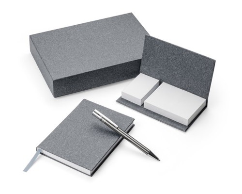 Zestaw notesów z papieru kamiennego, etui 225 x 155 x 46 mm, długopis metalowy, notes 74 kartki, 2 bloczki do notatek, papier ekologiczny
