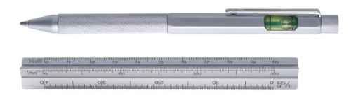 Zestaw techniczny, ołówek mechaniczny z poziomicą, linijka skalówka, aluminium, tusz niebieski
