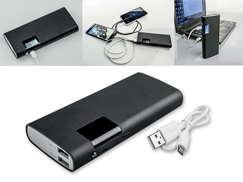 Powerbank , 140 x 22 x 43 mm, 10000 mAh, cyfrowy wyświetlacz, lampka LED
