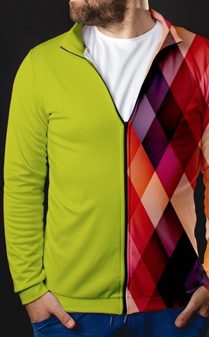 Bluza z zamkiem dwustronna z całościowym zadrukiem, na zewn. softshell, wewn. poliester bluzowy 200g, cena dla 100 szt.
